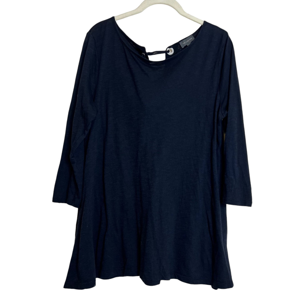 The Limited Womens Knit Top Large Navy Shoelace Back Cotton Modal 3/4 Sleeve